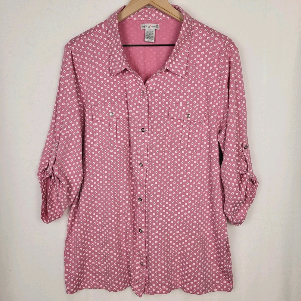 Hastings & Smith Pink Floral Button Up Shirt Womens Plus 2X Cottagecore Flowy